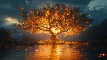 A tree with fireflies on it in the water photo
