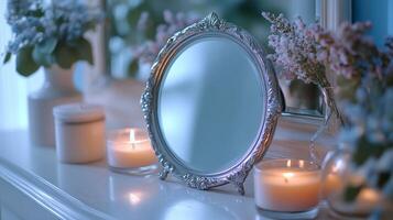 A mirror and candles sit on a table photo