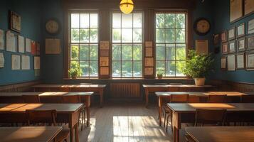 A classroom with desks and windows photo