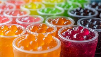 Many different colored gummy candies are in plastic cups photo