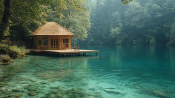 A small wooden house sits on a dock in the middle of a lake photo