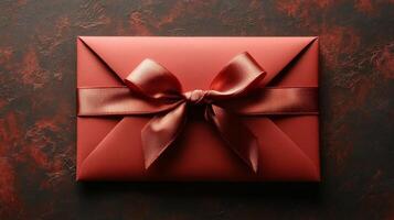 Red gift box with bow on dark background photo
