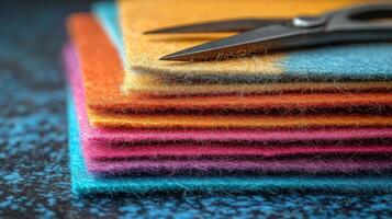 A stack of colorful felt with scissors sitting on top photo
