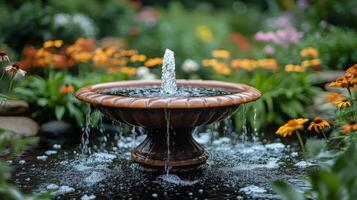 A fountain in a garden with flowers and plants photo