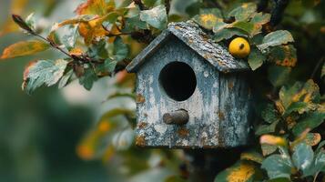 A birdhouse is perched on a tree branch photo