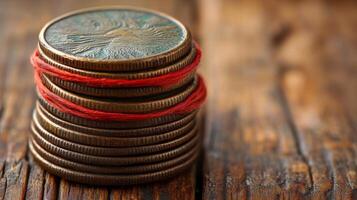 A stack of coins with red thread on top photo