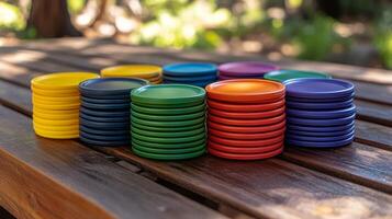 A group of colorful plastic cups sitting on a wooden table photo