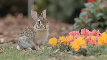 A rabbit sitting in the grass near some flowers photo