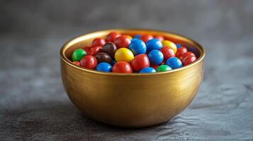 A golden bowl filled with colorful candy photo