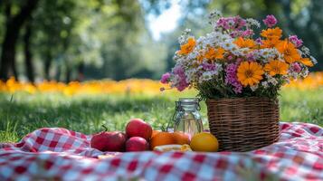 Colorful summer flowers and fresh apples in a picnic setting under sunlight photo