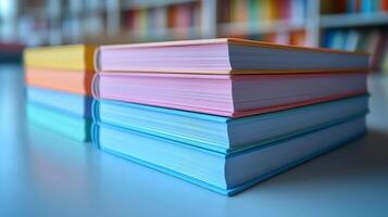 Stack of books on a table in a library photo