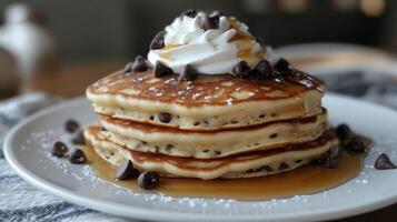 A stack of pancakes topped with whipped cream and chocolate chips photo