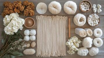 Various types of white yarn and flowers on a wooden table photo