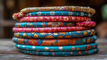 A stack of colorful bangles on a wooden table photo