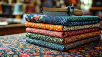 A stack of colorful fabric with a knife on top photo