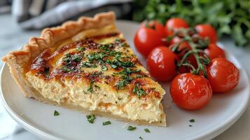 A slice of quiche with tomatoes and herbs photo