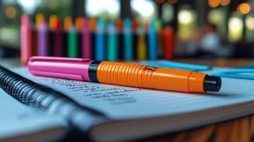 A pen and notebook on a wooden table photo