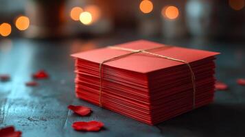 A stack of red envelopes with red rose petals photo
