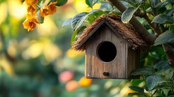 A birdhouse is perched on a tree branch photo