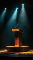 A podium on a stage with spotlight photo