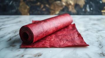 A roll of red paper on a marble counter photo
