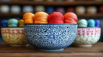 A bowl filled with yarn and a few balls of yarn photo