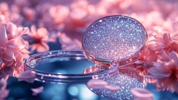 A compact mirror with pink flowers and glitter photo