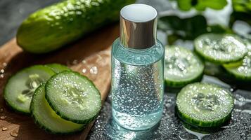 A bottle of cucumber water next to sliced cucumbers photo