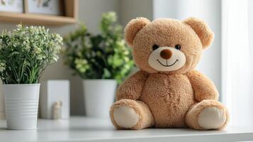 A teddy bear sits on a table near a vase of flowers photo