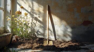 A shovel sitting in the dirt next to a window photo