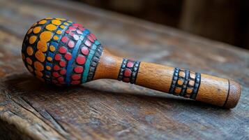 A wooden maraca with colorful designs on it photo