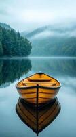 A boat sits on the water in a foggy forest photo