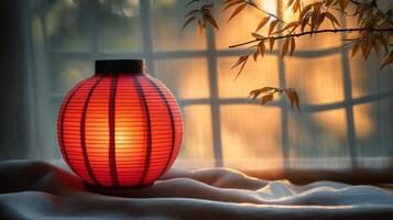 A red lantern sitting on a table in front of a window photo