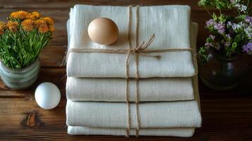 A stack of linen towels with an egg and flowers photo