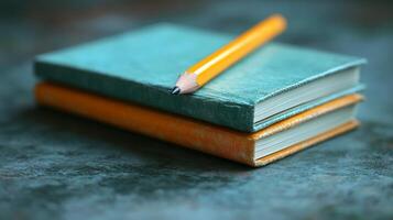 A yellow pencil sits on top of two books photo