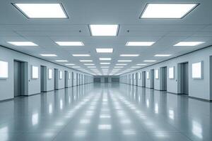 A long hallway with many lights on the ceiling photo