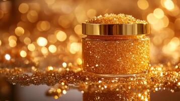 Gold glitter jar with golden glitter on a shiny surface photo