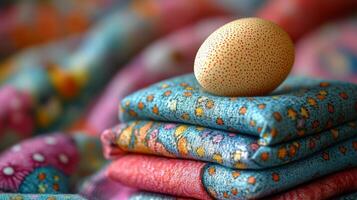 An egg sitting on top of a stack of colorful fabric photo