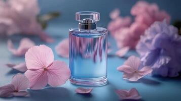 A bottle of perfume surrounded by flowers photo