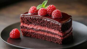 A piece of chocolate cake with raspberries on top photo