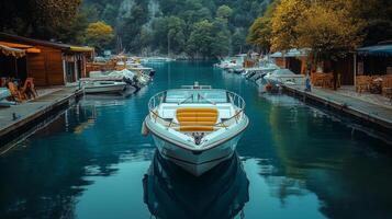A boat is docked in a marina photo