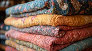 A stack of colorful quilts on a table photo