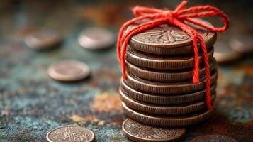 A stack of coins with a red ribbon tied to it photo