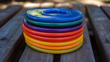 Stacked colorful rings on wooden surface for outdoor play or display photo