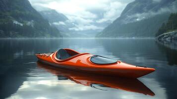 A kayak floating in a lake with mountains in the background photo
