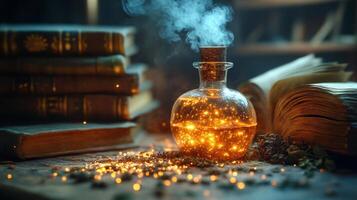 A bottle of potion with a fire inside and books on a table photo