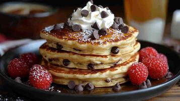 A stack of pancakes topped with chocolate chips and raspberries photo