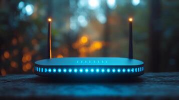 A wireless router sitting on a wooden table photo