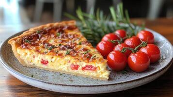 A slice of quiche with tomatoes and herbs photo