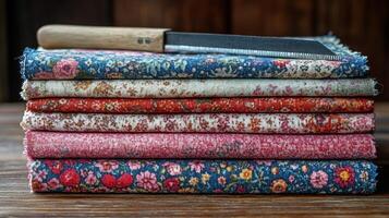 A stack of fabric with a knife on top photo
